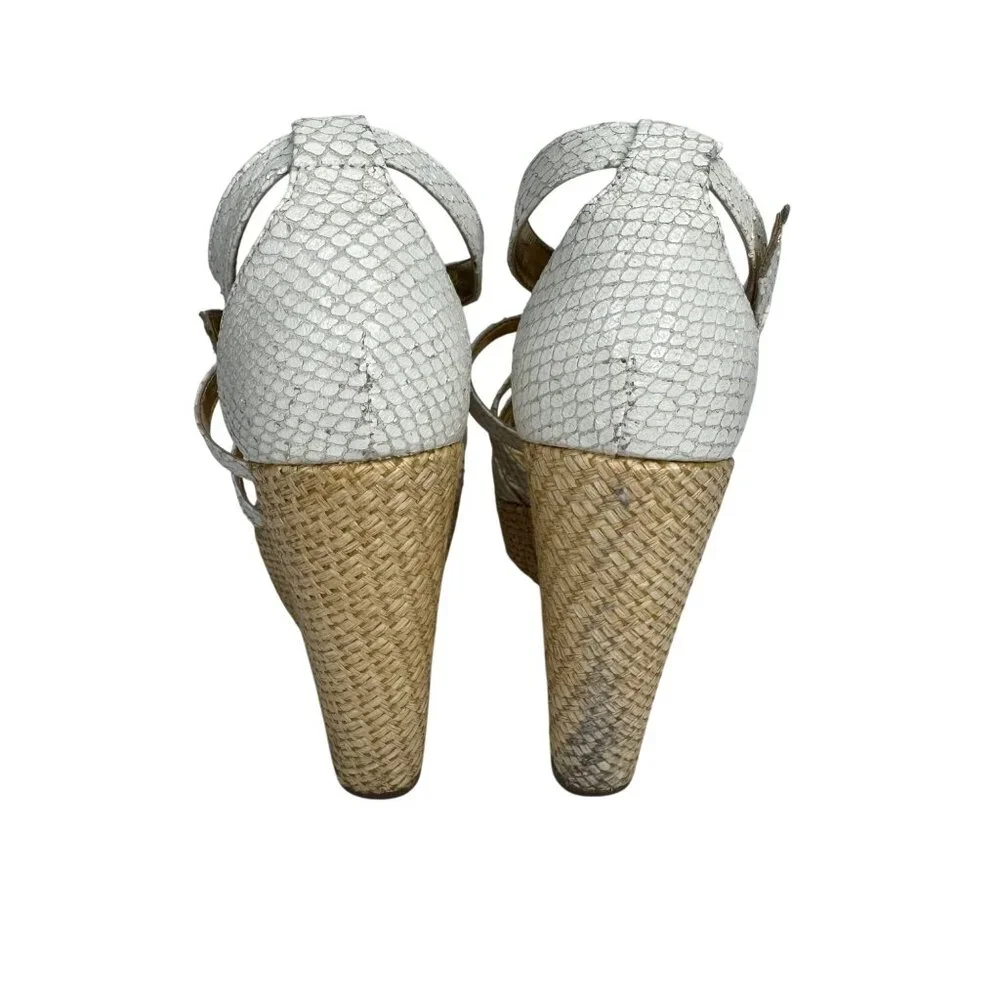 Sergio Zelcer White Snake Wedge Sandals Size 6‎ Womens Open Toe Raffia Platform